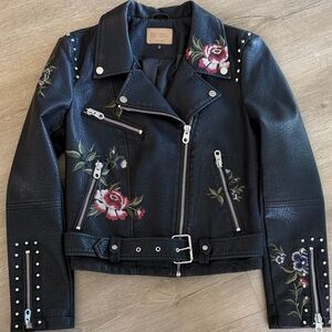 Black Vegan Leather Jacket with Floral Embroidery